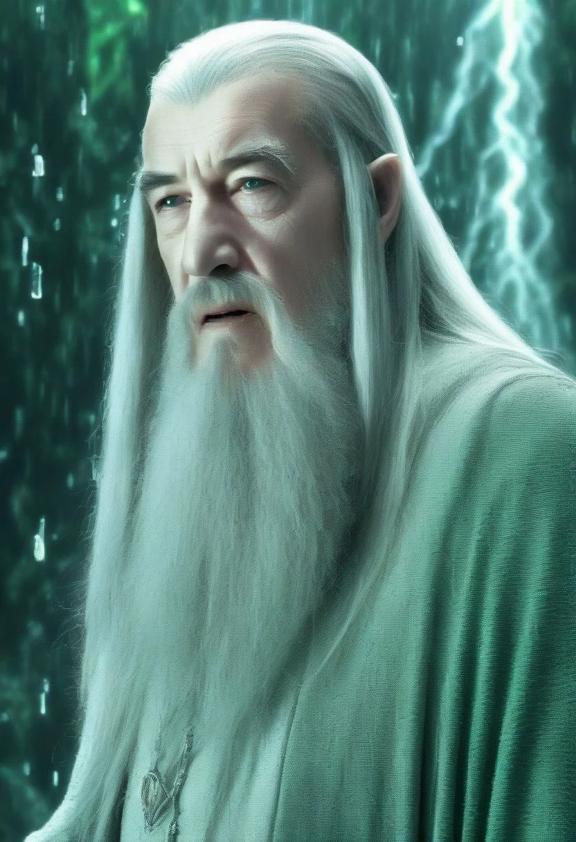 photo of the wizard Gandalf from Lord of the Rings , ((background of little green data_symbols falling down like rain)), ascii-symbols falling down like rain, the matrix, magic realism, from the film matrix, datastream,masterpiece, (best quality:1.2),, ray-tracing, high resolution, UHD, HDR, 64K, octane render, high quality