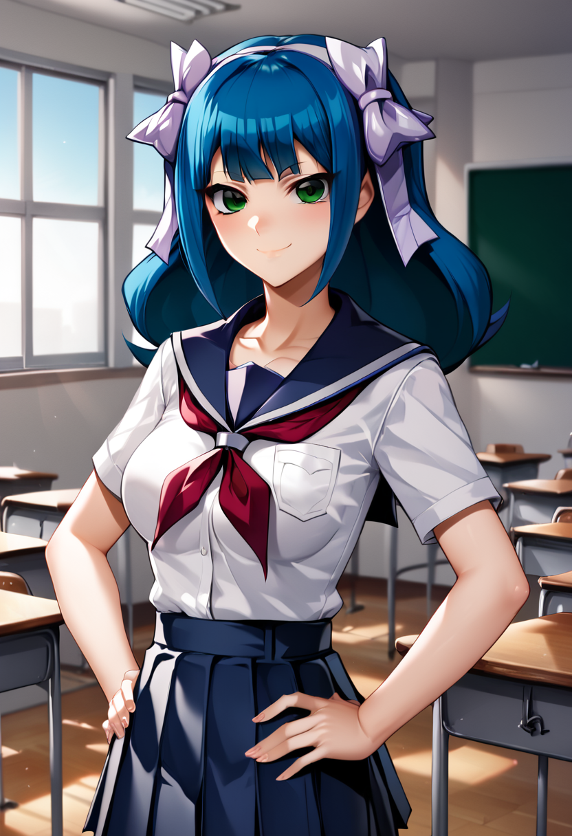 yukiko_umino, blue hair, long hair, hair ribbon, green eyes, medium breasts,  school uniform, sailor uniform,  yu-gi-oh! gx, BREAK indoors, classroom  BREAK sexy pose, looking at viewer, sexy face, sexy smile, cowboy shot, dynamic pose, hands on own hips BREAK score_9, score_8_up, score_7_up, source_anime ,zPDXL, perfect hand  <lora:Yukiko_Umino__Kami:0.8>