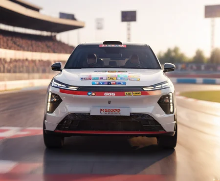 SUV car,movie theater,absurdres,game cg,cinematic lighting,photo,reality,depth of field,masterpiece,front view,(SUV racing around the track, with racing stickers on the body, track version of the SUV,motion blur:1.4),<lora:2.20suv car_xl-000010:1>,
