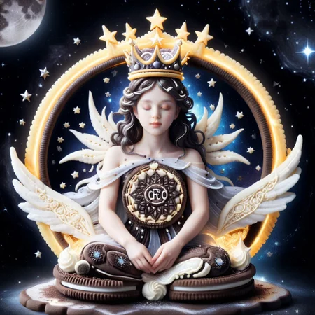 a celestial being composed entirely of creamy cookies, its translucent wings layered with thin sheets of frosting that shimmer like moonlight, a crown of candied crumbs resting atop its head, radiating a soft glow that illuminates the star-speckled void around it, made of creamy cookies
