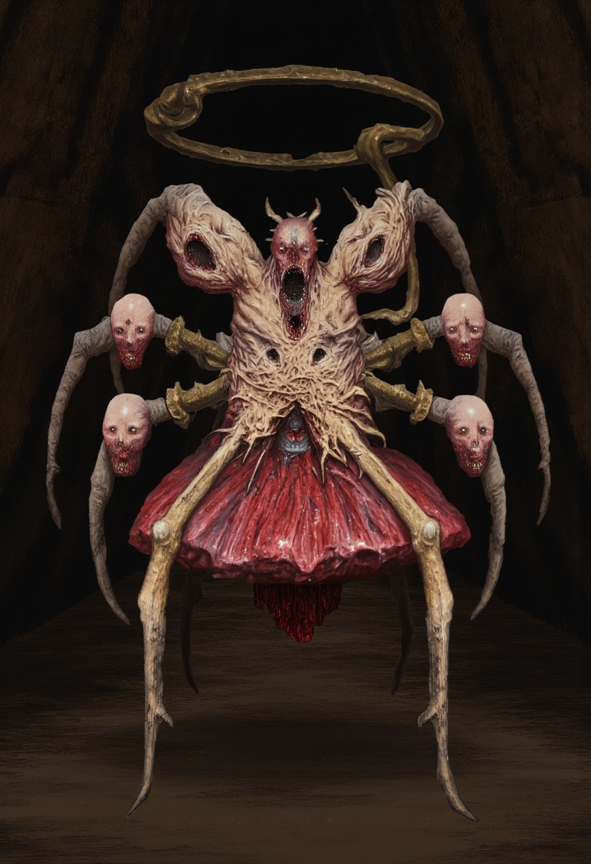 b3rs3rk first person d4concept pov, 3D01S, simple background d4artstyle atmospheric and powerful MikeFranchinastyle dark fantasy, natural organic and first person pov of a berserk style creature
A grotesque, pale-skinned creature with a serpentine neck, razor-sharp teeth, and a bulbous, humanoid organic body. Its wrinkled beige skin is marked with deep folds, while stubby limbs protrude from its form, evoking a biomechanical horror. The atmosphere is dark and gothic, with inspiration drawn from H.R. Giger's eerie style. Hyperrealistic details emphasize the creature’s disturbing skin texture and organic, body-horror aesthetic. In a first-person perspective, the viewer confronts this berserk-like monster, framed by dramatic shadows and studio lighting, adding a surreal, nightmarish intensity.
A disturbing hybrid of mechanical spider and doll, featuring Victorian porcelain heads with vacant, eerie expressions. Its dark steampunk body is composed of articulated metal spider legs, brass and iron elements, and a weathered crimson tutu skirt. The unsettling contrast between delicate doll faces and grim mechanical components is highlighted by antique brass finishes and photorealistic textures. 
UHD letterboxed game trailer frame chromatic aberration dark atmosphere sharp masterpiece with a focus on the character, elden ring style, dark atmosphere, chromatic aberration
