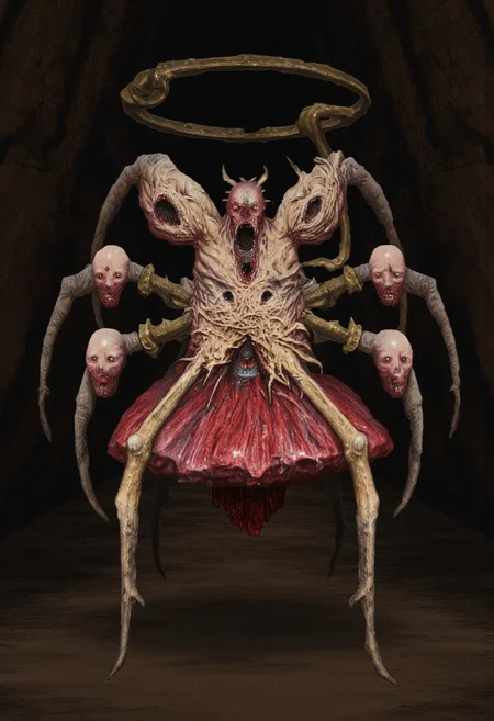 b3rs3rk first person d4concept pov, 3D01S, simple background d4artstyle atmospheric and powerful MikeFranchinastyle dark fantasy, natural organic and first person pov of a berserk style creature
A grotesque, pale-skinned creature with a serpentine neck, razor-sharp teeth, and a bulbous, humanoid organic body. Its wrinkled beige skin is marked with deep folds, while stubby limbs protrude from its form, evoking a biomechanical horror. The atmosphere is dark and gothic, with inspiration drawn from H.R. Giger's eerie style. Hyperrealistic details emphasize the creature’s disturbing skin texture and organic, body-horror aesthetic. In a first-person perspective, the viewer confronts this berserk-like monster, framed by dramatic shadows and studio lighting, adding a surreal, nightmarish intensity.
A disturbing hybrid of mechanical spider and doll, featuring Victorian porcelain heads with vacant, eerie expressions. Its dark steampunk body is composed of articulated metal spider legs, brass and iron elements, and a weathered crimson tutu skirt. The unsettling contrast between delicate doll faces and grim mechanical components is highlighted by antique brass finishes and photorealistic textures.
UHD letterboxed game trailer frame chromatic aberration dark atmosphere sharp masterpiece with a focus on the character, elden ring style, dark atmosphere, chromatic aberration