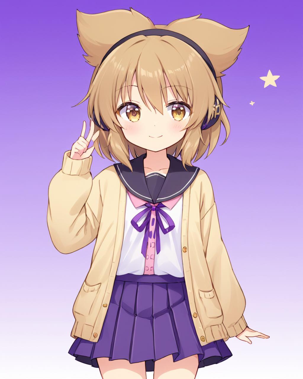 toyosatomimi no miko,1girl, solo, one_eye_closed, neck_ribbon, pleated_skirt, looking_at_viewer, purple_ribbon, long_sleeves, alternate_costume, feet_out_of_frame, cardigan, standing, earmuffs, miniskirt, sleeves_past_wrists, gradient_background, purple_skirt, ;3, gradient, sailor_collar, blush, purple_background, smile, white_background, shirt, hand_up, :3, serafuku, contemporary, small_breasts, ;\)
<lora:toyosatomimi_no_miko_image4798_2023-12-20-000009:1>,star-shaped_pupils,symbol-shaped_pupils,. gorgeous,key visual, vibrant, studio anime,award-winning, professional, highly detailed,high budget, cinemascope