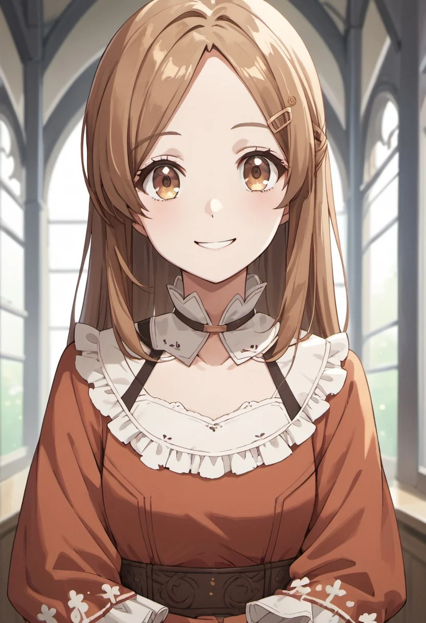 score_9, score_8_up, score_7_up, source_anime, tiona rudolvon, brown hair, brown eyes, long hair, 1girl, solo, smile, hair ornament, looking at viewer, hairclip, dress, long sleeves, layered sleeves, collarbone