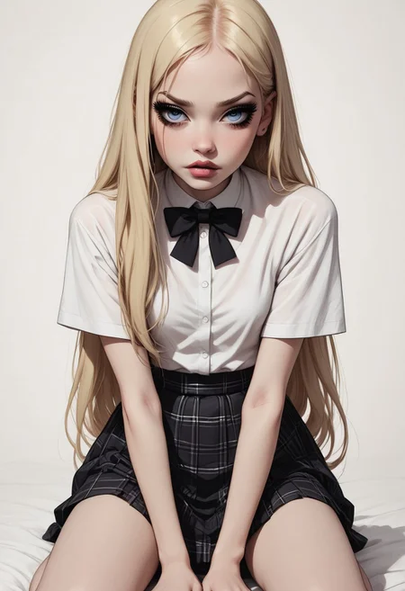 (score_9, score_8_up, score_7_up, Disney, very tiny school woman, petite girl, little age, pale skin girl, long blonde hair, pale skin girl, little black bows on hair, white leggins, school blouse, short plaid skirt, black long nails, small boobs, short, petite, small breasts, long eyelashes, full size legs, front view.
BREAK:
dinamic position