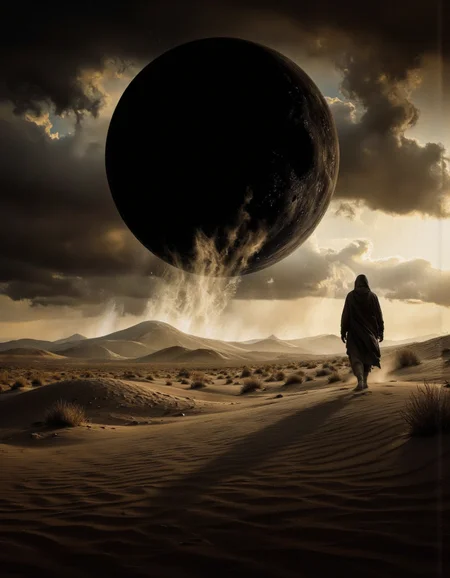 Ashen desert, the black sun dominates the horizon, shadows wander in search of hope, highly detailed, 8k, sharp, professional, high contrast, vivid deep blacks, crystal clear. <lora:landscape:1>