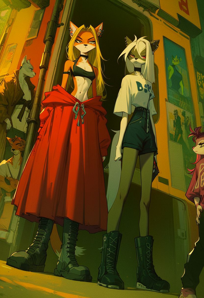 score_9, score_8_up, score_7_up, (anthro cats), dystopian cyberpunk future, street gang posing, group picture, anthro, oversized giant boots, skinny, confident, holding a weapons, fierce, long hair, choker, oversized street clothes, ear piercings, dutch angle, alternate hairstyles,