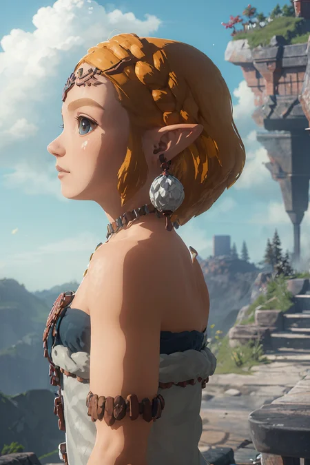 1girl,totkzelda,zonai dress,bare shoulders,short hair, <lora:totkz-a:0.85:MIDD>full body,mountain,sky,cloud,chibi, side view, looking at viewer, <lora:blindbox_V1Mix:0.9>,