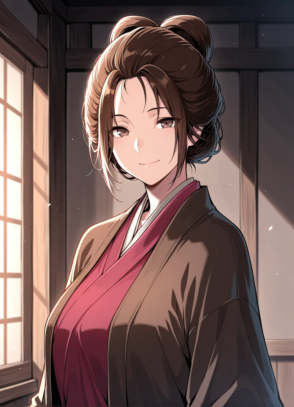 masterpiece,best quality, 1girl, upper body, indoors, solo, EmmaSekiro, brown eyes,smile, <lora:EmmaSekiro:1>