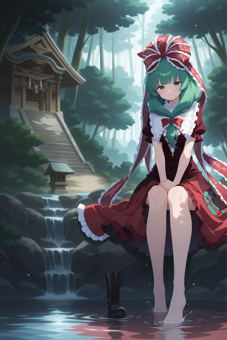 absurdres, highres, masterpiece, best quality, amazing quality, official anime artwork, screencap, anime screencap, outdoors, light particles, smile, 
 <lora:Hina-Kagiyama_Illustrious:1> kagiyama hina, 1girl, solo, green eyes, green hair, long hair, front ponytail,, hair ribbon, red ribbon, lace trim, red dress, short sleeves, frilled skirt, black boots, floating hair, 
water, forest, bare foot, foot in water, shrine,