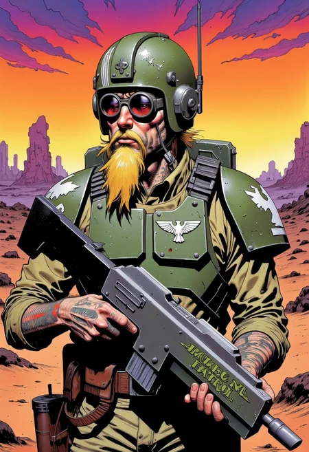 solo, warhammer 40,000, an illustration of member of the imperial guard, body armor, helmet, round sunglasses, lasgun, red-dot sight on top of lasgun, aquila emblem on chestplate, white shoulder markings, ammunition pouches, knife scabbard, wearing grenades, Sleeves rolled up above elbows, mandarin collar, olive drab uniform, kneepads, combat boots, tattooed forearms, full beard, well-groomed, blonde, post-apocalyptic background, desert, in style of comic book, flat colors, Psychedelic Portrait, Colorful, Psychedelic Style, The phrase "Murder Patrol" is hand-painted on his helmet, sunset, volumetric lighting, profile, side-view,