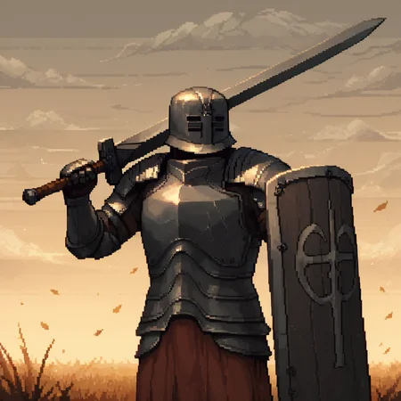 score_9, score_8_up, score_7_up, score_6_up, score_5_up, score_4_up, highres, incredibly absurdres, highly detailed, dim lighting, outdoors, ambiguous gender, solo, dsbit, helmet, black helmet, armor, black armor, breastplate, black breastplate, Pauldrons, black Pauldrons, Cuirass, black Cuirass, Gauntlets, black Gauntlets, tunic under armor, sword, holding sword, shield, holding shield, <lora:Black_Iron_Tarkus_pony:0.5> <lora:Pixel_Art_Pony:1> Pixel_Art