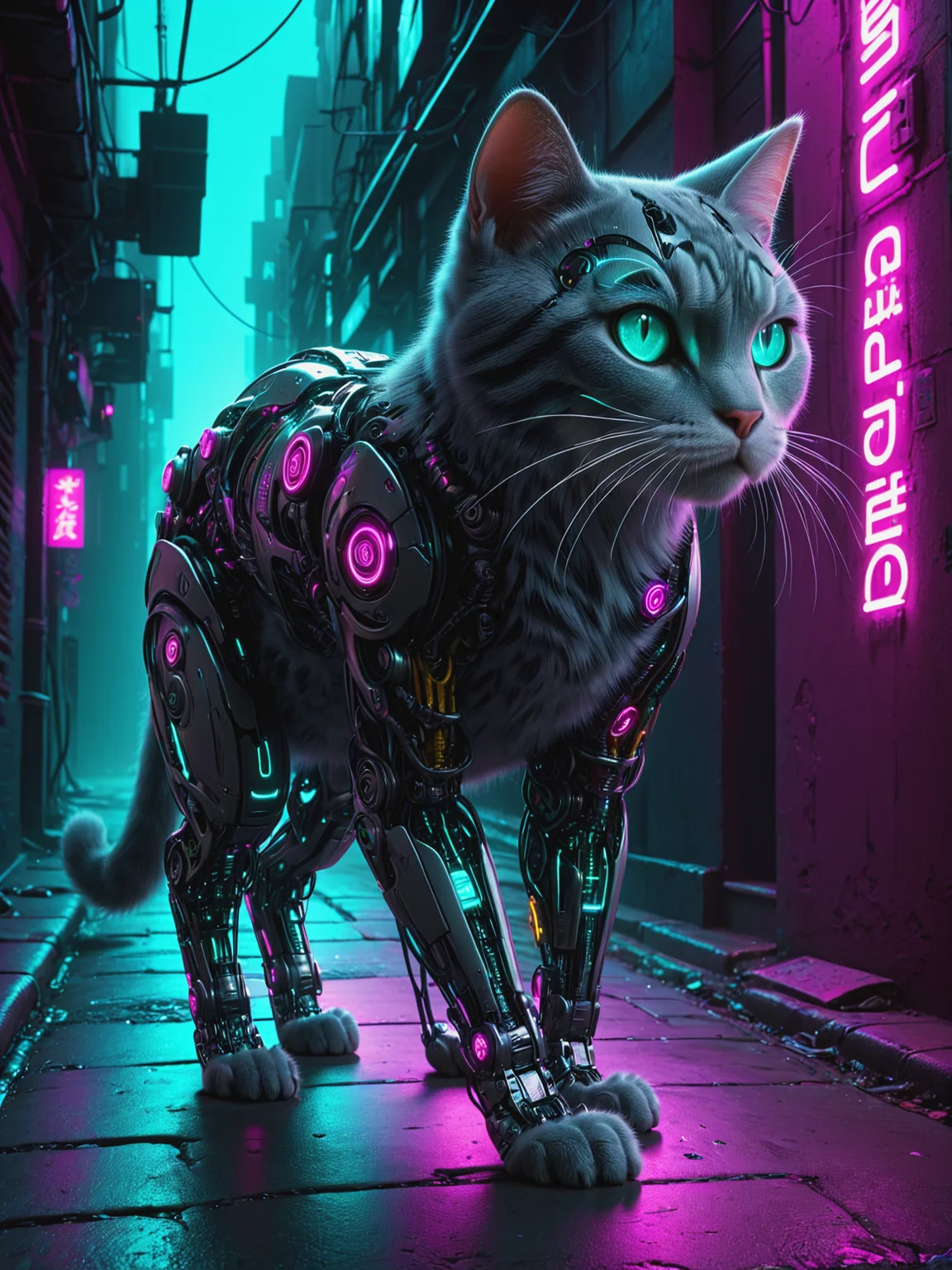cyberanimals cat prowling in dirty alley, dynamic pose, cyberpunk, city, neon lights, night, teal, magenta, yellow <lora:Neon_Cyberpunk_SDXL_Cyberanimals:0.8>, (masterpiece:1.2), best quality, (hyperdetailed, highest detailed:1.2), high resolution textures