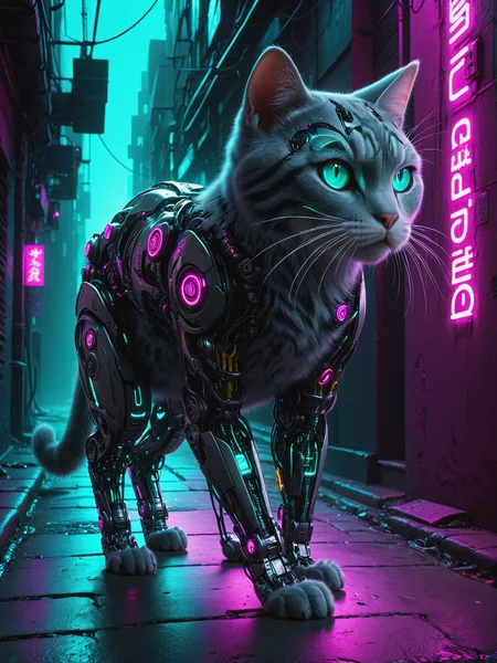cyberanimals cat prowling in dirty alley, dynamic pose, cyberpunk, city, neon lights, night, teal, magenta, yellow <lora:Neon_Cyberpunk_SDXL_Cyberanimals:0.8>, (masterpiece:1.2), best quality, (hyperdetailed, highest detailed:1.2), high resolution textures