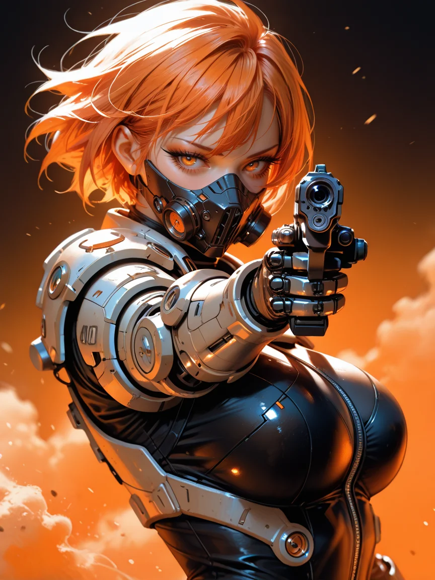 masterpiece, best_quality, amazing quality, newest, add detail+, no lineart, sharp focus, real skin,
photorealistic.
1beautiful woman, 30 years old, cyber mask, expressionless, sideways glance at viewer. long eyes, long eyelashes, eyeshadow. short hair, orange hair. big breasts, fat arm. wearing a soldier suit, armor, bodysuit, mechanical arm, science fiction. holding gun with one hand, aiming at viewer, gun action, muzzle. simple orange background, pro lighting, orange theme, dust. shoot from side, face focus, foreshortening, dynamic composition, dynamic angle.
detailxl,
Asian-Less2-Neg
<lora:NijijourneyNoob_byKonan:0.4>
<lora:Fant5yP0ny:0.8>