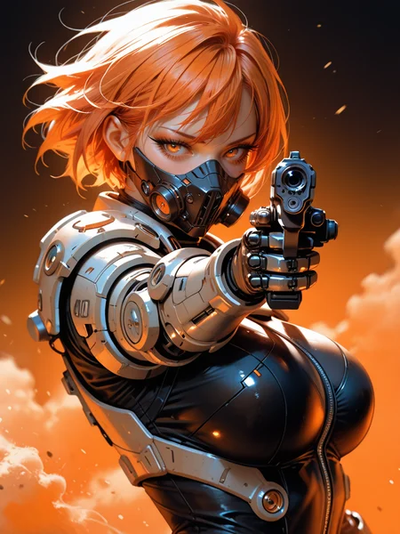 masterpiece, best_quality, amazing quality, newest, add detail+, no lineart, sharp focus, real skin,
photorealistic.
1beautiful woman, 30 years old, cyber mask, expressionless, sideways glance at viewer. long eyes, long eyelashes, eyeshadow. short hair, orange hair. big breasts, fat arm. wearing a soldier suit, armor, bodysuit, mechanical arm, science fiction. holding gun with one hand, aiming at viewer, gun action, muzzle. simple orange background, pro lighting, orange theme, dust. shoot from side, face focus, foreshortening, dynamic composition, dynamic angle.
detailxl,
Asian-Less2-Neg
<lora:NijijourneyNoob_byKonan:0.4>
<lora:Fant5yP0ny:0.8>
