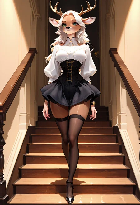 (masterpiece, best quality, amazing quality, very aesthetic, high resolution, ultra-detailed:1.4), full body shot , absurdres, newest, Amelie, solo, anthro deer, white hair, long hair, mint eyes, brown body, deer horns, elegant, sexy legs, narrow waist, detailed clothing:1.2, accessories:1.1, facial features:1.3, expression:1.2, body type:1.1, pose:1.2) standing on stairs, wearing a black lace corset top and a black ruffled mini skirt, (detailed texture:1.2), light makeup, golden heeled shoes, (wristwatch:1.1), looking slightly away, (posing confidently:1.1). Interior setting, wooden stairs, pale beige walls, soft lighting, creating a warm atmosphere, (stair lighting:1.1). high detail, (accurate clothing details:1.2). Mid shot, eye level perspective. Natural light, golden hour lighting, warm tones. Elegant and fashionable.