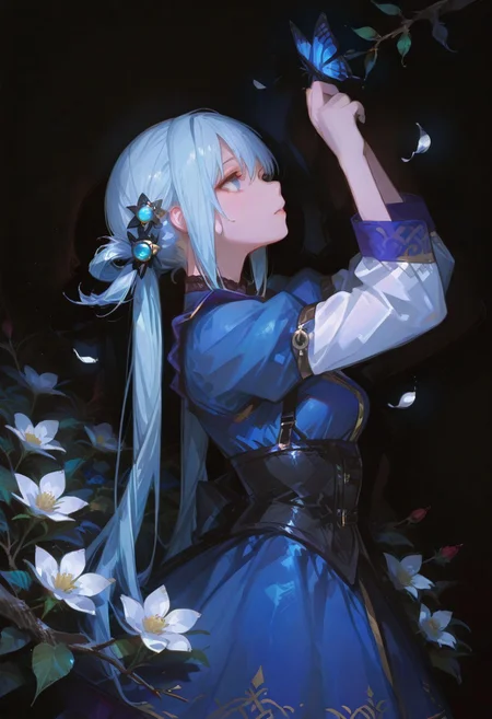 perfect quality,high quality,masterpiece,best quality,amazing quality,very aesthetic,absurdres,Cinematic Lighting,newest,Tactical use of shadow,
AquaCYQL,1girl,solo,long hair,blue hair,very long hair,hair rings,hair ornament,blue eyes,
dress,flower,closedeyes,blackbackground,handonownchest,fromside,shortsleeves,whitedress,petals,bluedress,twintails,veryprofile,butterfly,bug,branch,partedlips,handup,lowtwintails,simplebackground,lookingup,breasts,standing,floralprint,
<lora:ponyv4_noob1_2_adamW:0.7>,<lora:spo_sdxl_10ep_4k-data_lora_webui:0.6>,<lora:USNR STYLE_XL_loha:0.45>,<lora:748cmSDXL:1>,usnr,748cmstyle,<lora:Aqua_Illustrious by Cyql:1>,