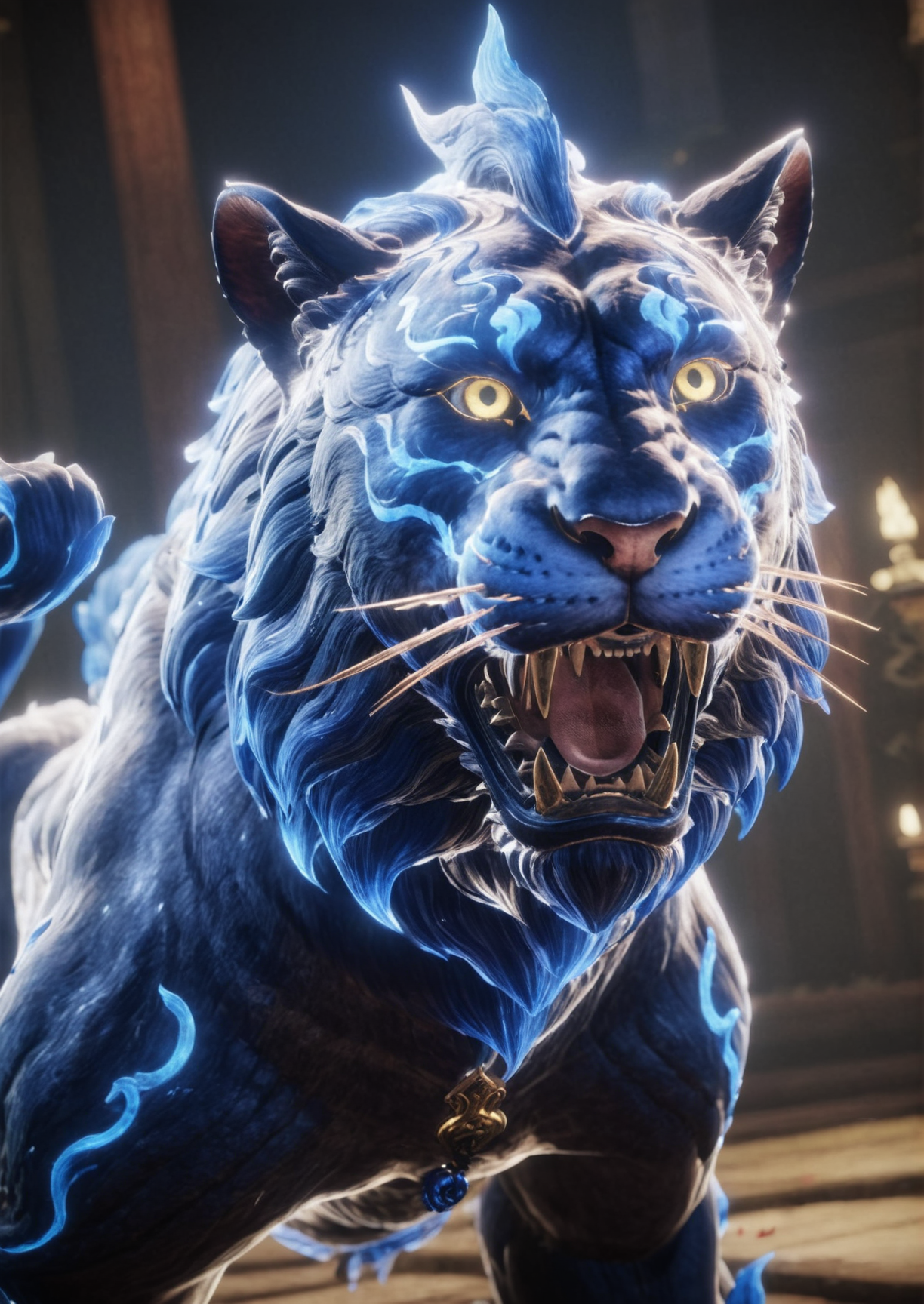 photography,niohxlguardiansprt,blue lion,roaring,awardwinning,masterpiece <lora:niohguardiansprt-step00000420:0.8>,epic,trending on artstation,raw photo,128k UHD,sharp focus,bokeh,50nm lens,solo,hyperrealism,absurd res,private photo press,aesthetic