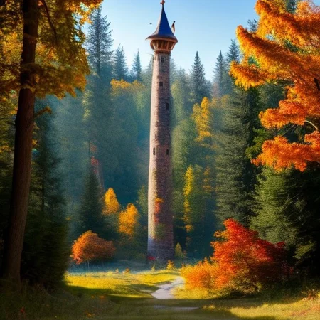realistic analog photo, award winning photo, vary wide shot of stone witow tower:1.3, no humans, scenery, blue sky, auwo, in a autumn forest, dirt road, lush grassland, Wildflowers, nature, outdoors, RAW, highres, 8k, uhd, High Dynamic Range, tonemapping, crisp details,