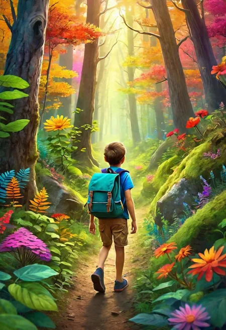 Young boy walking through a forest, colorful backpack, beautiful trees, magical plants, colorfol flowers, animals of the forest are keeping a close eye on him,