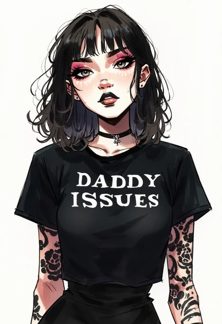 Alt goth girl with a nosering and tattoos. Dark makeup. A black tshirt with the text "Daddy Issues" on it. Watercolor painting