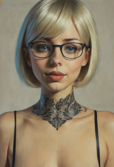 jjp-j3a-1250, 1girl, Classical Oil Painting, nude nerd-girl, side-front view, short straight platinum-blonde emo-cut hair, (mischievous grin), twinkling eyes, glasses, (sweaty skin), (((upturned nose))), (((snub-nose))), (((dimples))), (((vivid tattoo))), ((clavicles)), (broad shoulders), ((enormous breasts)), (((pointed breasts))), (((large dark areolae))), ((sparse dark pubic hair)), pale skin, dark eyes, lipstick, leafy suburbia, Intricate textures, (high detailed skin:1.7),