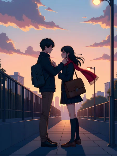 A man and woman stand together outdoors at dusk, under a soft pink and blue gradient sky, with wisps of clouds drifting above. The golden light of the setting sun casts long shadows behind them, and a nearby lamppost stands unlit, waiting for the night to arrive. The wind gently stirs their hair and clothing, adding a sense of movement to the tranquil moment. The woman, dressed in a black serafuku school uniform with a pleated black skirt and kneehigh socks, has long black hair that sways slightly with the breeze. A red scarf wraps around her neck, part of it draped loosely over her shoulder. She carries a brown school bag in one hand, while the other rests hesitantly at her side. Her loafers barely shift on the pavement as she gazes up at the man with a mixture of anticipation and nervous excitement. The man, wearing a black gakuran jacket with brown pants and brown footwear, stands facing her, his short black hair slightly tousled. His black school bag is slung casually over one shoulder, and his collared jacket remains buttoned despite the wind tugging at it. He gently places his hand on the woman's cheek, his fingers brushing against her skin as their eyes meet. The moment is intimate, as if caught between hesitation and longing. The scarf they share, wrapped around both of them, creates a sense of warmth despite the chilly breeze. In the background, a railing separates them from a sloping path that leads towards the city, where distant lights are beginning to flicker to life. The scenery feels both fleeting and timeless, as if they are standing in a moment suspended between past and future. The soft fading light and gentle wind lifting the fabric of their clothes add an almost dreamlike quality to the scene, making it feel as though anything could happen in the next heartbeat. aidmaimageupgrader, aidmaMJ6.1m, detailmaximizer, mythp0rt, ne0nfant4sy, drkfnts, hkmagic, vantablack <lora:aidmaImageUpgrader-FLUX-V0.2:0.8> <lora:aidmaMJ6.1_aidmaMJ6.1-FLUX-v0.4:0.7> <lora:v1v1dr34m:0.7>