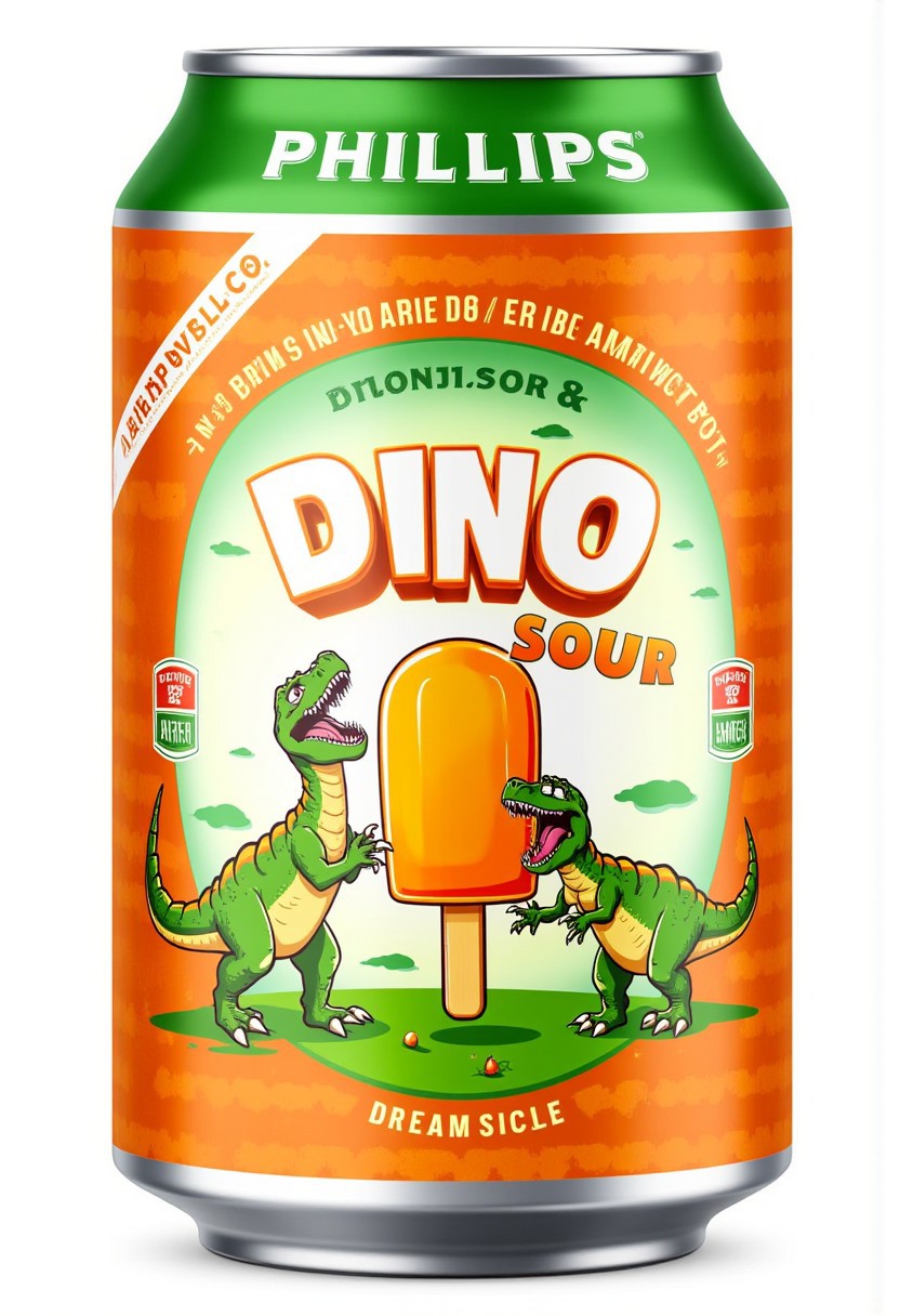 This image is a digitally-created label for a beer can, prominently featuring vibrant, cartoonish illustrations. The can is predominantly orange with a metallic silver rim and a green lid. The label is richly detailed, with a central design that incorporates playful imagery. 
At the top, the word "PHILLIPS" is written in bold white letters against a green background, framed by a white banner with a diagonal stripe pattern in orange and green. Below this, the words "BREWING & MALTING CO." are also written in white letters, with the "BREWING" part in a smaller font.
The main focus of the label is a whimsical scene with two green dinosaurs, each with open jaws and sharp teeth, standing on either side of a bright orange popsicle. The word "DINO SOUR" is written in large, white, blocky letters, with the word "ORANGE" in smaller orange letters beneath it. 
At the bottom of the label, the words "DREAMSICLE" are written in a smaller, more playful font, with the word "DREAM" in orange and "SICLE" in white. The background of the label features a gradient of orange and green, with a textured appearance that adds depth and a slightly