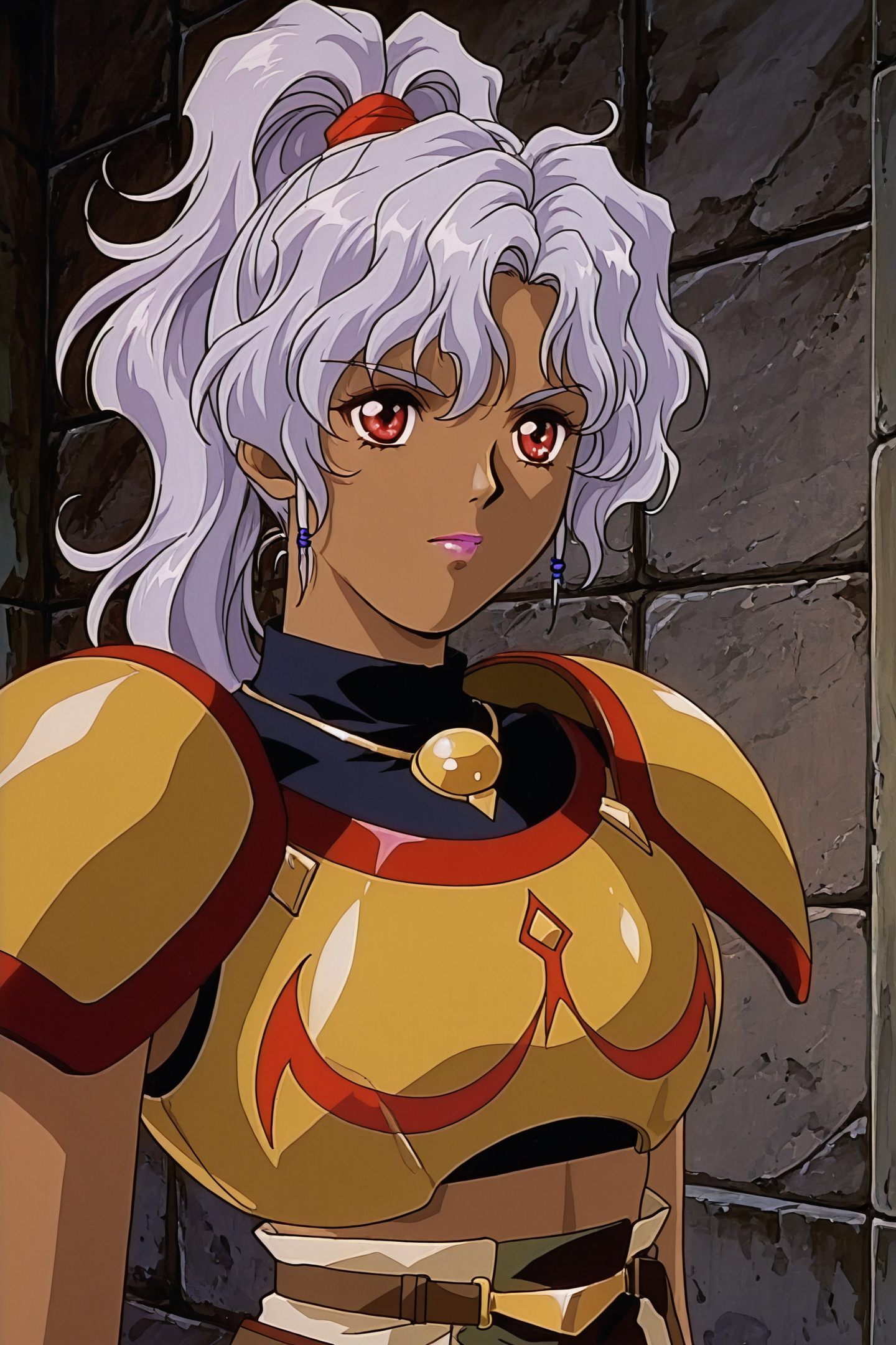 Anime Style,Rita,solo,armor,dark skin,earrings,1990s \(style\),jewelry,ponytail,retro artstyle,red eyes,long hair,dark-skinned female,1girl,shoulder armor,lipstick,upper body,purple hair,
<lora:Words Worth_Lite_illustriousXL:1>,