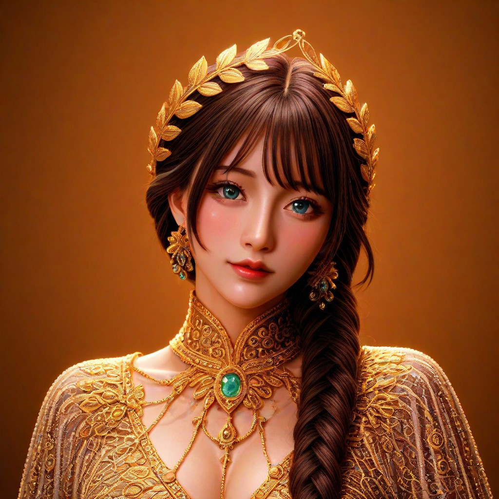 Renaissance portrait of a noble woman, face and clothing rendered in sophisticated Murano glass techniques, jewel tones with gold leaf accents
..,masterpiece, best quality, newest, absurdres, highres, safe, murano_glass_style, mobe-cedeen