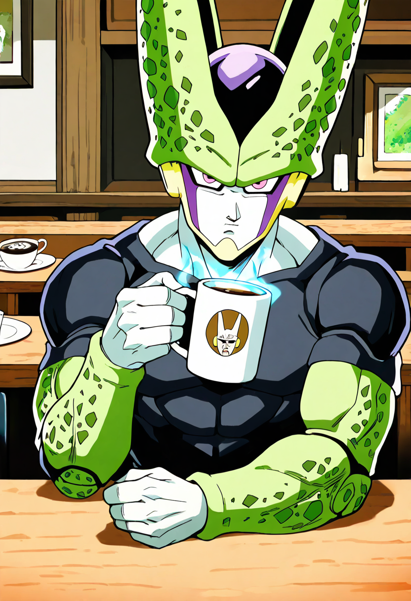 masterpiece, best quality, 1boy, solo, looking at viewer,   zzCell, pink eyes, colored skin, green skin,    <lora:CellPerfectDB_IXL:1.0>,   sipping coffee, sitting at a table, casual outfit, tired expression, oversized coffee mug, psychic powers holding the cup, glowing psychic aura around the mug, café background, relaxed, humorous, everyday life