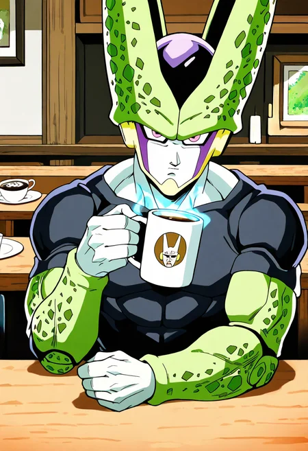 masterpiece, best quality, 1boy, solo, looking at viewer, zzCell, pink eyes, colored skin, green skin, <lora:CellPerfectDB_IXL:1.0>, sipping coffee, sitting at a table, casual outfit, tired expression, oversized coffee mug, psychic powers holding the cup, glowing psychic aura around the mug, café background, relaxed, humorous, everyday life