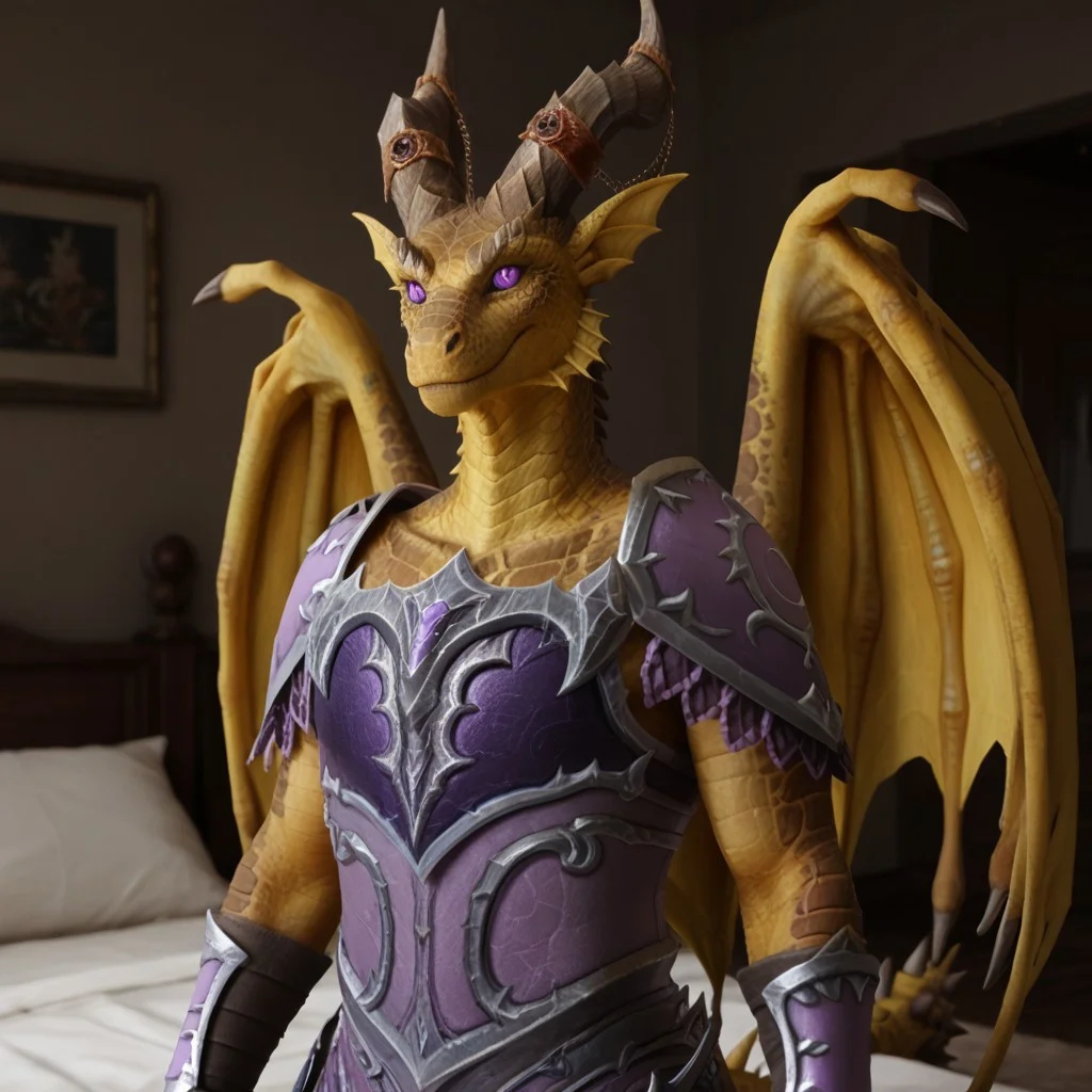 score_9, score_8_up, score_7_up, score_6_up, score_5_up, score_4_up, masterpiece, high quality, realistic, detailed, best quality, white bed, solo, rating_safe, source_furry, bedroom, smiling, seductive, looking at viewer, standing, upper body shot, anthro, ((detailed eyes)), detailed face, good_hands, sakareth_wc, dragon, dracthyr, yellow scales, wings, horns, head frills, neck frill, claws, male, 1boy, purple eyes, tail, tail frills, black slit eyes, armor, shoulder armor, bracers, chest armor