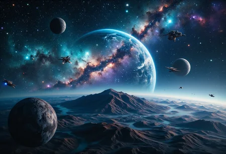 A hyper-realistic, ultra-high-definition photo of a stunning alien planet with one large continent in the center of the frame, with three moons orbiting around it in perfect harmony. Detailed spaceships are flying between the planet and the moons, creating dynamic movement across the scene. The surface of the planet and its moons are captured in exquisite detail.
In the vast backdrop, a stunning galactic nebula swirls in vibrant shades of turquoise, purple, and deep blue, mixing with the soft glow of multiple Milky Way galaxies stretching across the sky. The scene is majestic and full of wonder, with the intricate details of the planet’s surface and the grandeur of the cosmos creating a sense of awe and exploration. Midjourney_Whisper