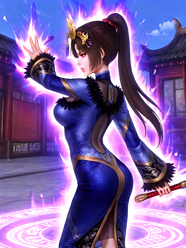 masterpiece, best quality, absurdres, realistic, zhen ji, milf, 1girl, lips, black hair, brown hair, ponytail, long hair, hair ornament, qipao, china dress, chinese clothes, large breasts, holding weapon, fighting stance, purple energy circle, energy barrier, glowing, dancing, aura, outdoors, profile, <lora:ZhenJi(DynastyWarriors4)_ilxl:1>
