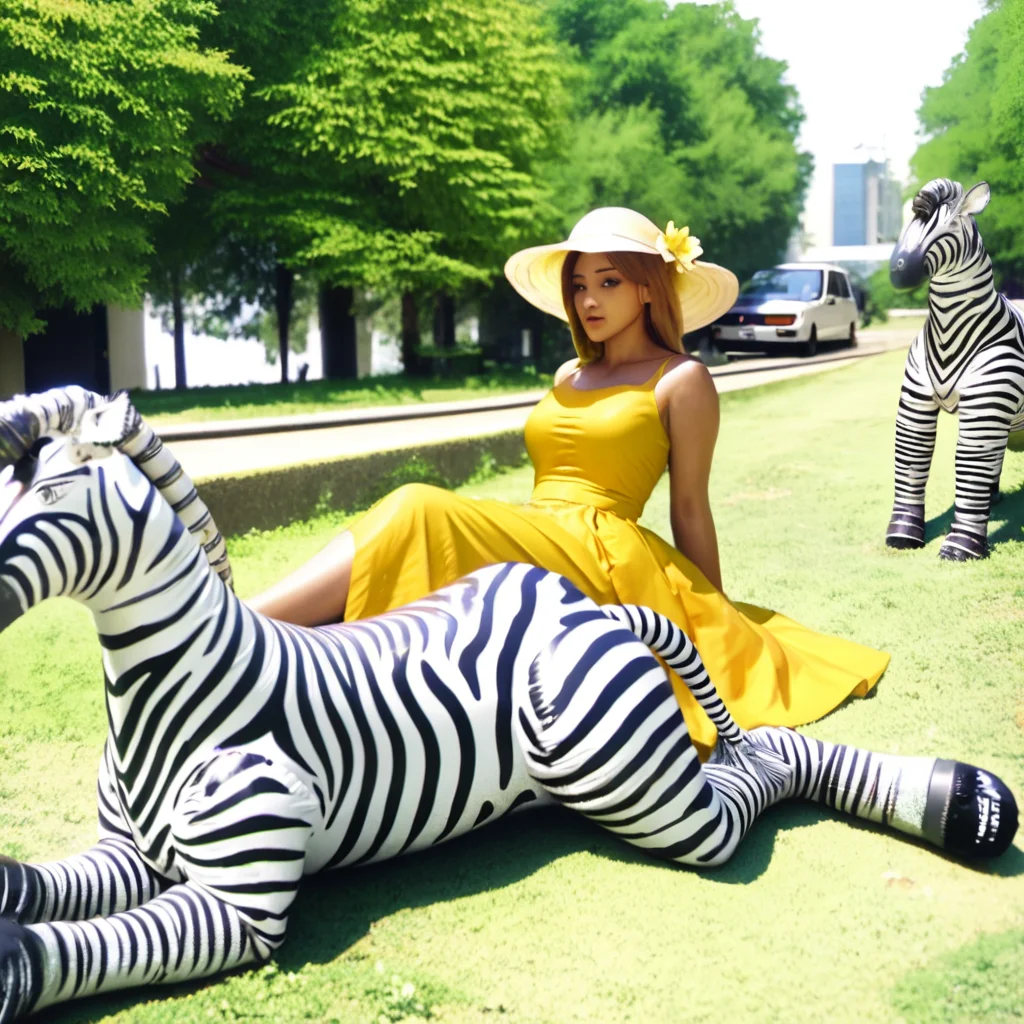 score_9, score_8_up, score_7_up, rating_safe, outdoors, (jets big zebra, jets medium zebra, jets small zebra, lying down, iw zebra, jet creations), (riding, woman, yellow dress, beautiful)