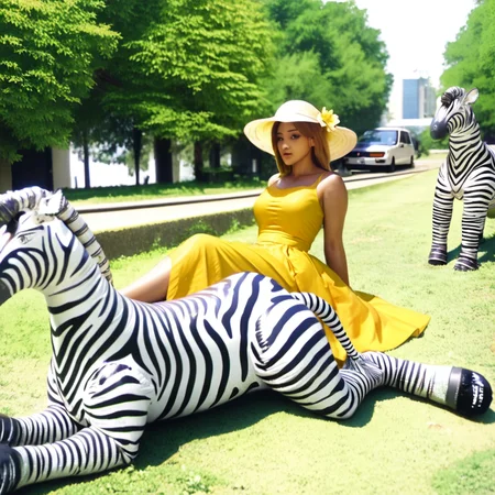 score_9, score_8_up, score_7_up, rating_safe, outdoors, (jets big zebra, jets medium zebra, jets small zebra, lying down, iw zebra, jet creations), (riding, woman, yellow dress, beautiful)