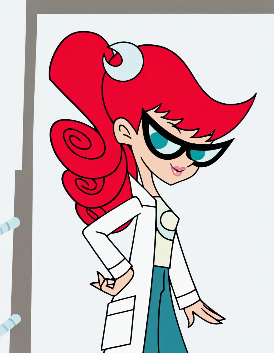 marytest, glasses, 1girl, red hair, ponytail, solo, long hair, hair ornament, aqua eyes, labcoat, curly hair, lips, lipstick, pants, t-shirt,smile, looking at viewer, hand on own hip, cowboy shot, masterpiece, best quality, amazing quality, very aesthetic, absurdres <lora:MaryTestIllustrious1.0JLFO-000017:1>