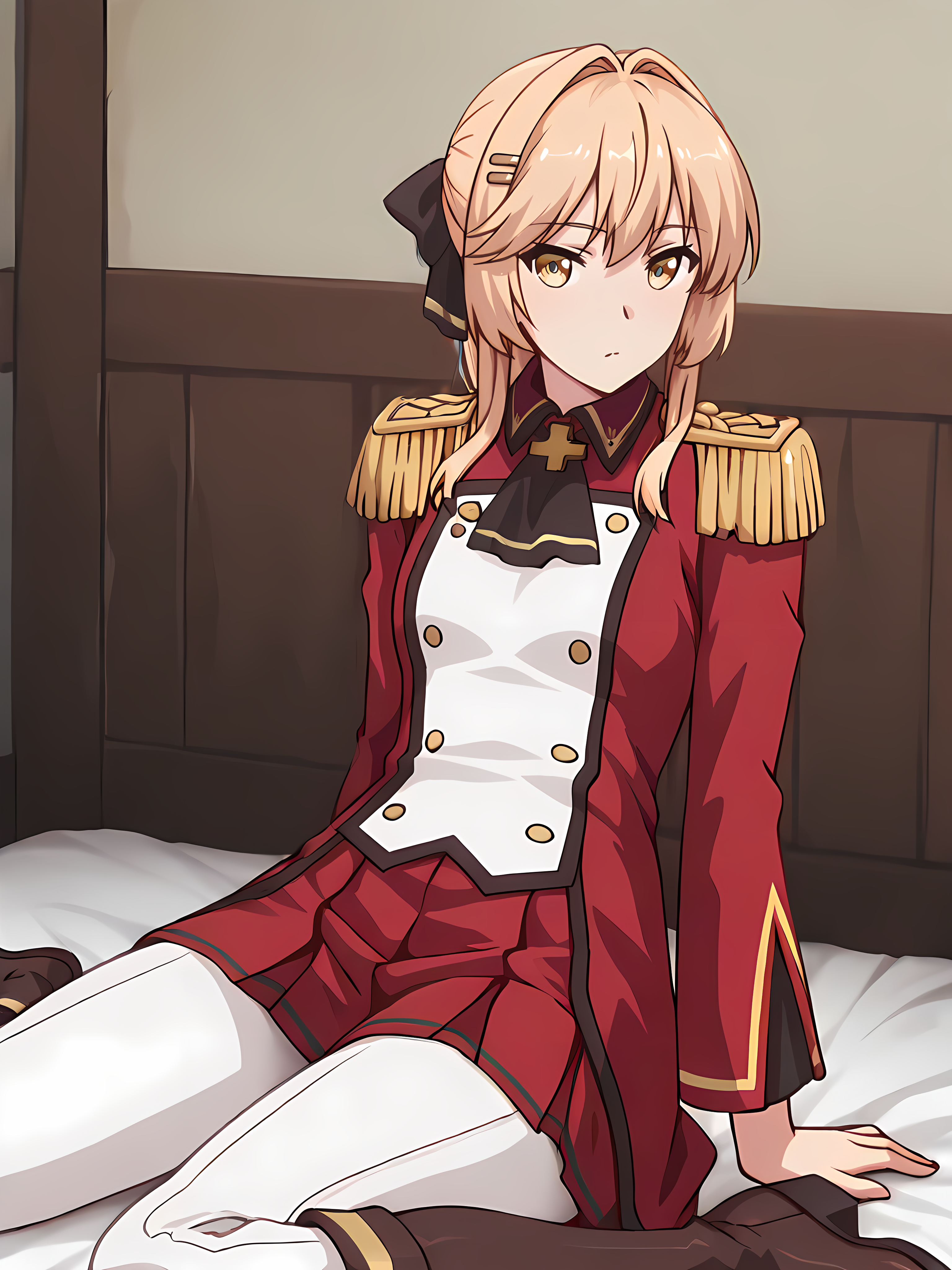 masterpiece, very aesthetic, absurdres, best quality, high quality, cinematic shadow,  <lora:personalami_style_illustrious_v1:0.5> pamistyle,character focus,perfect hands,small breasts, cowboy shot, <lora:HandFixer_pdxl_Incrs_v1:1> handfixer,  <lora:liscia:1>,liscia,blonde hair, bangs,hair intakes, yellow eyes, ponytail,lisciadress,military uniform, epaulettes,hairclip,cross brosch, buttons,  long sleeves, red pleated skirt,white pants,knee boots, black ribbon,hair ribbon, looking at viewer, wariza, leaning back,