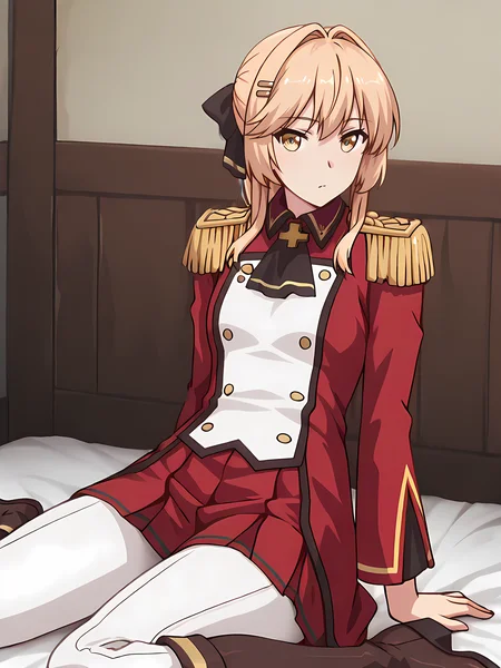 masterpiece, very aesthetic, absurdres, best quality, high quality, cinematic shadow, <lora:personalami_style_illustrious_v1:0.5> pamistyle,character focus,perfect hands,small breasts, cowboy shot, <lora:HandFixer_pdxl_Incrs_v1:1> handfixer, <lora:liscia:1>,liscia,blonde hair, bangs,hair intakes, yellow eyes, ponytail,lisciadress,military uniform, epaulettes,hairclip,cross brosch, buttons, long sleeves, red pleated skirt,white pants,knee boots, black ribbon,hair ribbon, looking at viewer, wariza, leaning back,