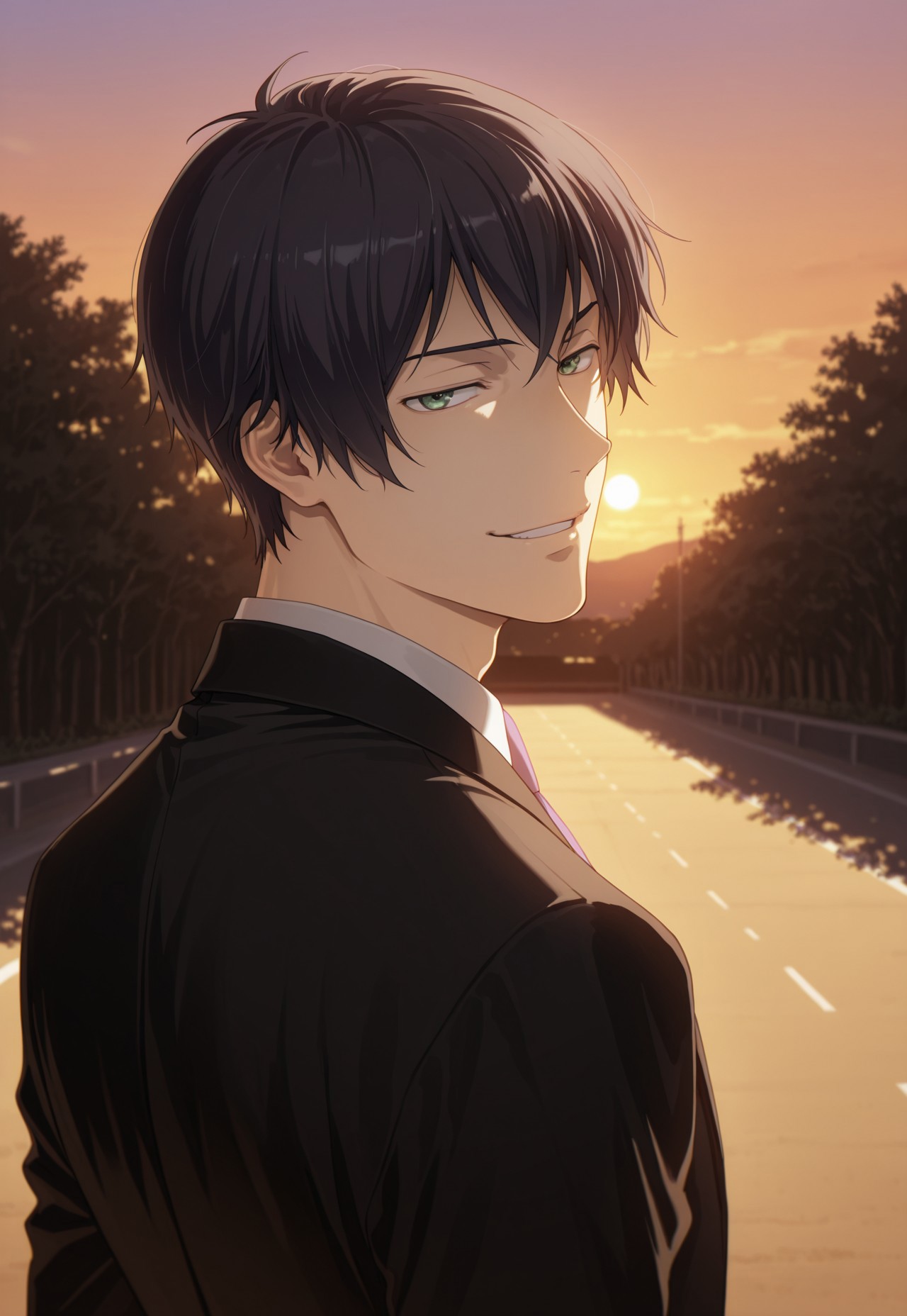 masterpiece,best quality,amazing quality, detailed details, shaded, detailed shading, detailed skin, shaded skin, realistic shading, countershading:1.1, outdoors, evening, 1boy, solo, Tadashi Kikuchi, black hair, green eyes, formal, necktie, suit, smirk, looking back, looking at viewer