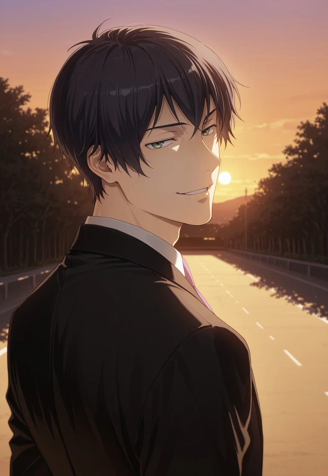 masterpiece,best quality,amazing quality, detailed details, shaded, detailed shading, detailed skin, shaded skin, realistic shading, countershading:1.1, outdoors, evening, 1boy, solo, Tadashi Kikuchi, black hair, green eyes, formal, necktie, suit, smirk, looking back, looking at viewer