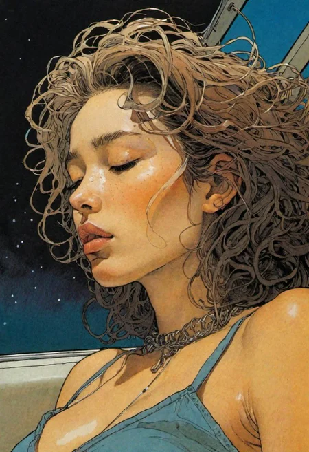 (color ink painting by Moebius, Katsuya Terada, Jeffrey Catherine Jones), drunk girl sleeping on night bus, young woman, upper body, oval face, round cheeks, messy and unkempt hair, night time, drooling from parted lips, saliva on chin, detailed textures, simple necklace, night lighting,