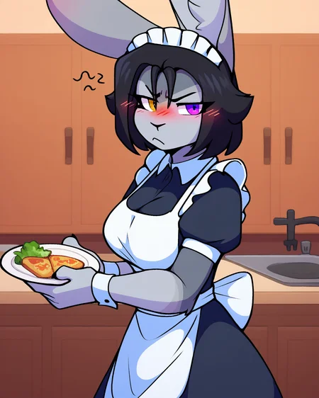 score_9_up, score_8_up, score_7_up, score_6_up, by remanedur, furry female, bunny ears, female, furry, heterochromia, grey body, blush, black hair, maid uniform, sigh, large breasts, annoyed, flustered, looking at viewer, solo, three-quarter view, side view, kitchen, <lora:Leah_Pines(AIM)_XL_v1:0.15> <lora:PDXL_artist_tags_v2_big:0.5> <lora:The-Minuscule-Task_PDXL_v1.0:0.6> <lora:Zay_ZMaskedRabbitZ:0.7>