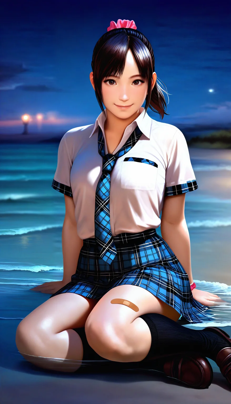 masterpiece,best quality,amazing quality,
<lora:miiyamotohikariNAI:1>,miiyamotohikari,realistic,
1girl,solo,black hair,ponytail,bangs,bangs,pink scrunchie,brown eyes,white collar shirt,blue plaid skirt,blue plaid necktie,black kneehighs,bandaid on knee,brown leather shoes,looking at viewer,smile,sitting,(in water:1.1),outdoors,beach,night,depth of field,blurry background,soft lighting,