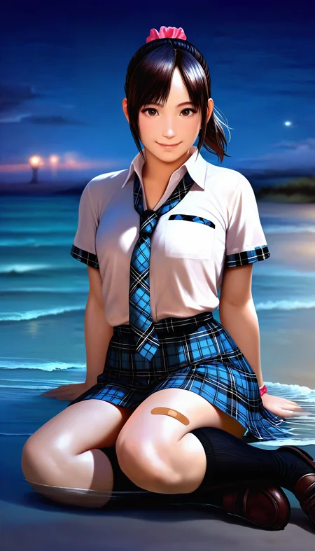 masterpiece,best quality,amazing quality,
<lora:miiyamotohikariNAI:1>,miiyamotohikari,realistic,
1girl,solo,black hair,ponytail,bangs,bangs,pink scrunchie,brown eyes,white collar shirt,blue plaid skirt,blue plaid necktie,black kneehighs,bandaid on knee,brown leather shoes,looking at viewer,smile,sitting,(in water:1.1),outdoors,beach,night,depth of field,blurry background,soft lighting,