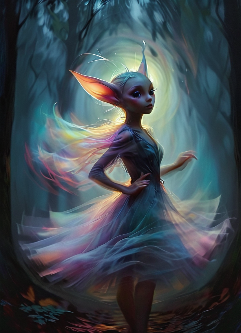 vnnpr dancing on a dark and foggy night in a dark forst, swirling mist in the air, pale moonlight, pointy ears, smooth and realistic, fluffy and colorful, big and dark and soulful eyes,
 <lora:ArtfullyVINNIPIER_SDXL_V1:0.8> <lora:Dont_Stop_Me_Now:0.8>