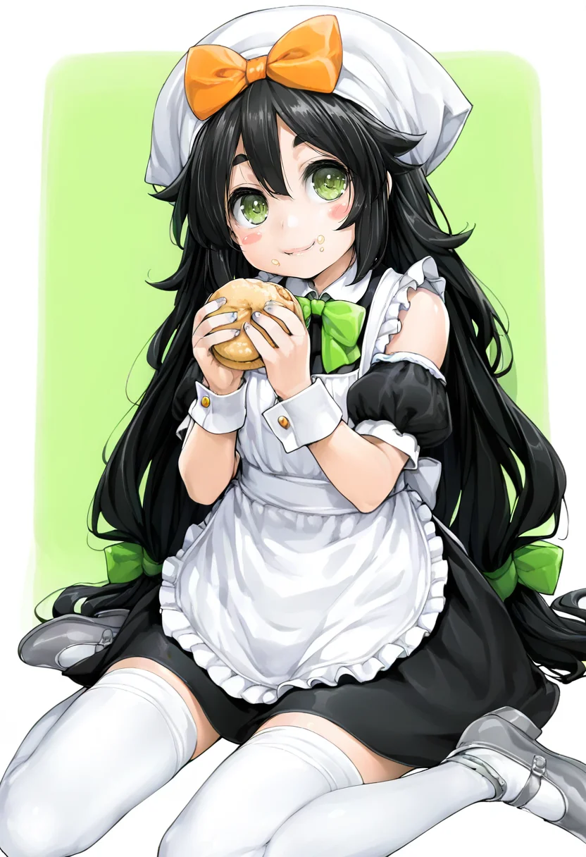 1girl,original,black hair,bow,closed mouth,fingernails,green bow,green eyes,hair bow,long hair,smile,solo,two-tone background,frills,bare shoulders,thighhighs,orange bow,holding food,hat,hands up,thick eyebrows,white apron,shoes,sleeveless dress,short sleeves,apron,blush stickers,food,green background,white headwear,holding,short eyebrows,detached sleeves,sitting,black dress,nail polish,dress,very long hair,white background,grey nails,wrist cuffs,food on face,puffy sleeves,puffy short sleeves,looking at viewer,frilled apron,white thighhighs,grey footwear,wariza,hair between eyes,sleevele <lora:ishikeiXL_NBVP1_lokr_V6311PZ:0.95>
