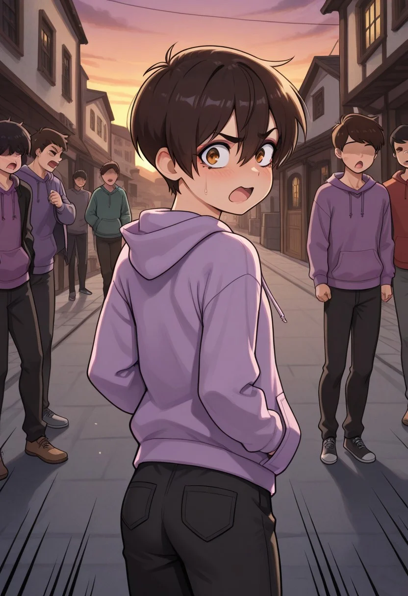 masterpiece, amazing quality, highly detailed, best quality, contrasting colors, extreme quality, expressive lines, ray tracing, detailed textures, 
4k, yaoi, trap, femboy, marco diaz, cute face, short hair, long bangs, heavy makeup, flat chest, 
best quality,masterpiece, <lora:Slave_Brand_dorei_IL_v1:0.8, slave brand, branded on abdomen, 
jacket, hood, hoodie, purple hoodie, pants, black pants, shocked, open mouth, town square, town, evening, looking back, (5boys, no eyes, angry, hooded)